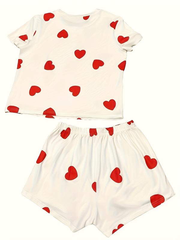 Heart Pattern Pajamas Set Short Sleeve Top & Shorts PJ Set Women