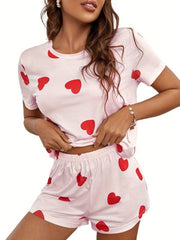 Heart Pattern Pajamas Set Short Sleeve Top & Shorts PJ Set Women