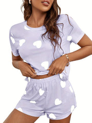 Heart Pattern Pajamas Set Short Sleeve Top & Shorts PJ Set Women