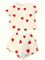 Heart Pattern Pajamas Set Short Sleeve Top & Shorts PJ Set Women