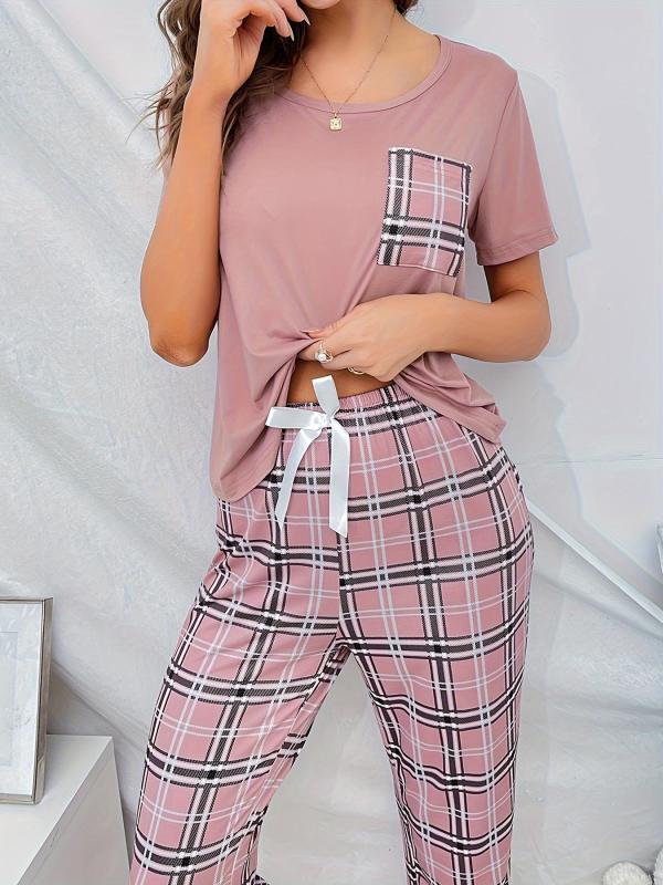 Plaid Print Pajama Set Short Sleeve Top & Lounge Pants Women's Sleepwear