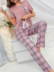 Plaid Print Pajama Set Short Sleeve Top & Lounge Pants Women's Sleepwear