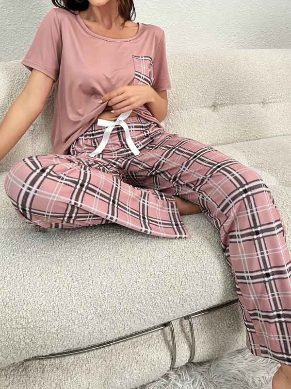 Plaid Print Pajama Set Short Sleeve Top & Lounge Pants Women's Sleepwear