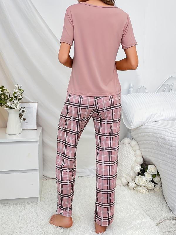 Plaid Print Pajama Set Short Sleeve Top & Lounge Pants Women's Sleepwear