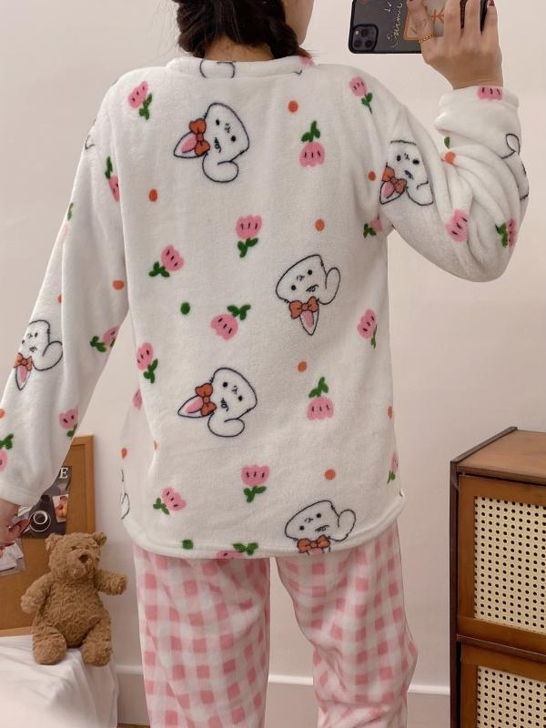 Floral Print Pajama Set Long Sleeve Crew Neck & Plaid Pants