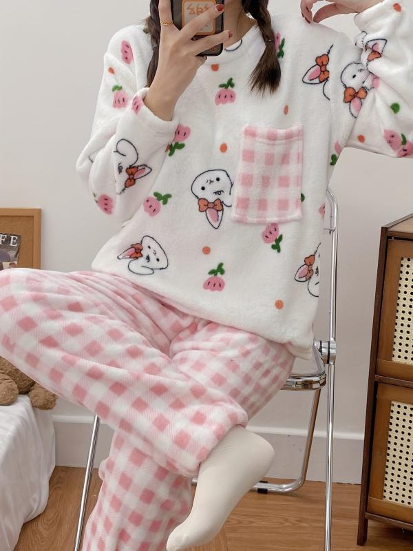 Floral Print Pajama Set Long Sleeve Crew Neck & Plaid Pants