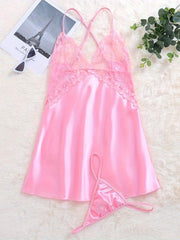 Women's V Neck Satin Nightdress Lace Chemise Mini Teddy Nightdress