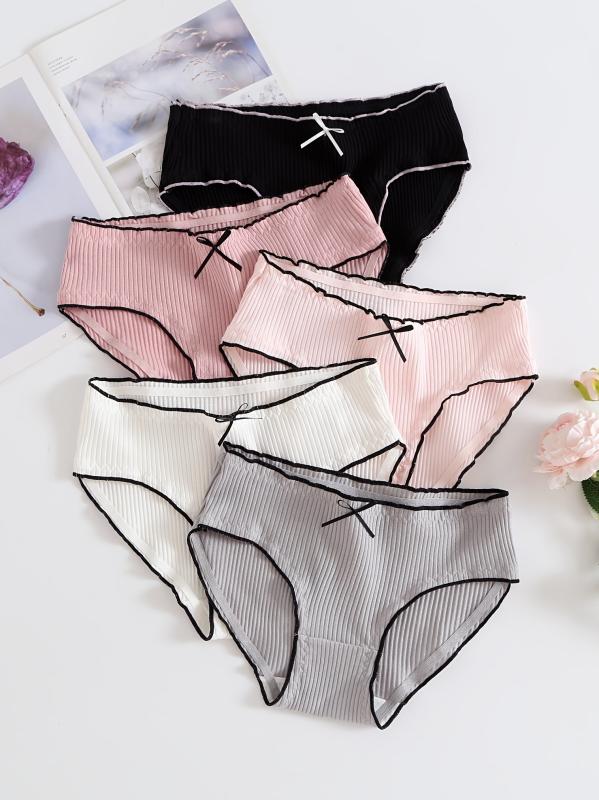 5pcs Women's Bow Tie Ribbed Briefs Lingerie Panties