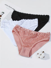 3pcs Lace Bikini Panties Comfy Ribbed Intimates Women's Lingerie