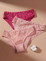 3pcs Lace Bikini Panties Comfy Ribbed Intimates Women's Lingerie