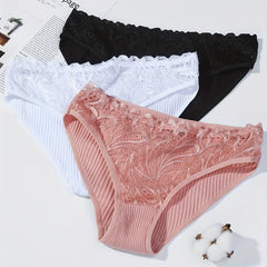 3pcs Lace Bikini Panties Comfy Ribbed Intimates Women's Lingerie