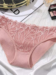 3pcs Lace Contrast Bikini Panties Mid Waist Comfort Briefs