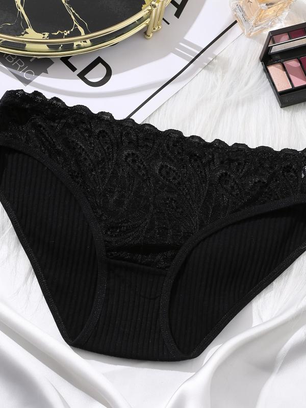 3pcs Lace Contrast Bikini Panties Mid Waist Comfort Briefs