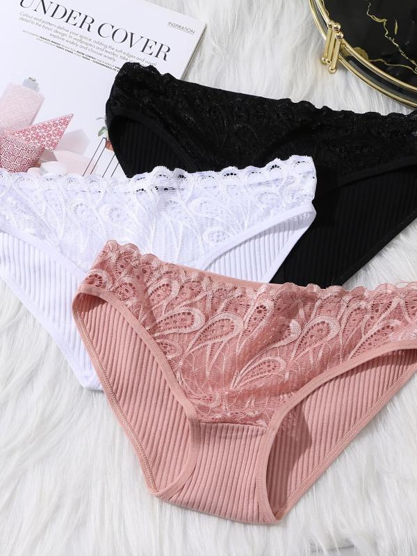 3pcs Lace Contrast Bikini Panties Mid Waist Comfort Briefs