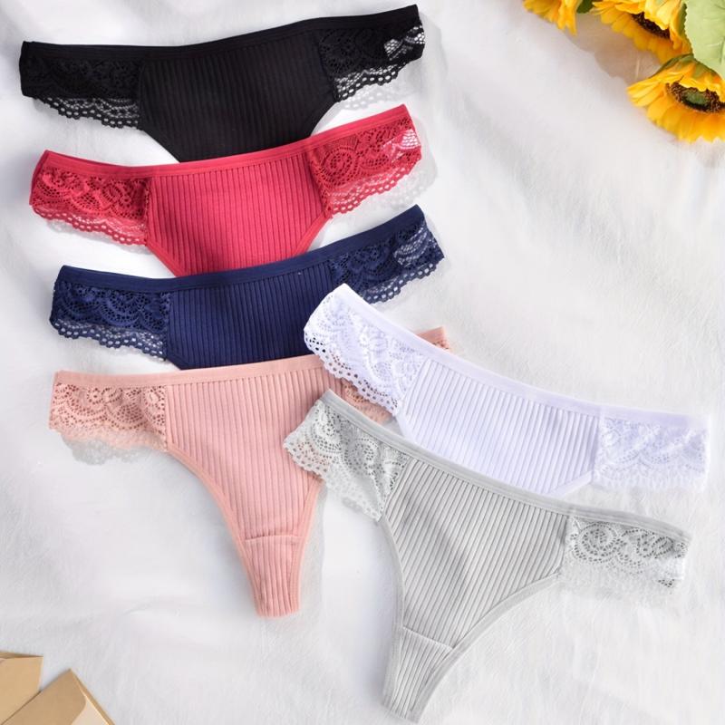 6pcs Lace Ribbed Thongs Soft Comfy Intimates Panties Women's Lingerie