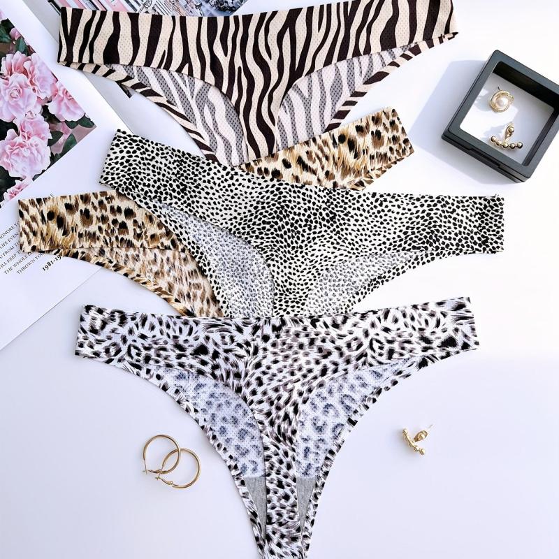 4pcs Leopard Print Thongs Sexy Low Waist Panties Women's Lingerie