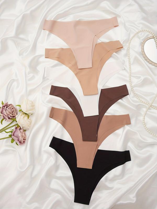 6pcs Seamless Solid Thongs Soft & Comfy Stretchy Intimates Panties
