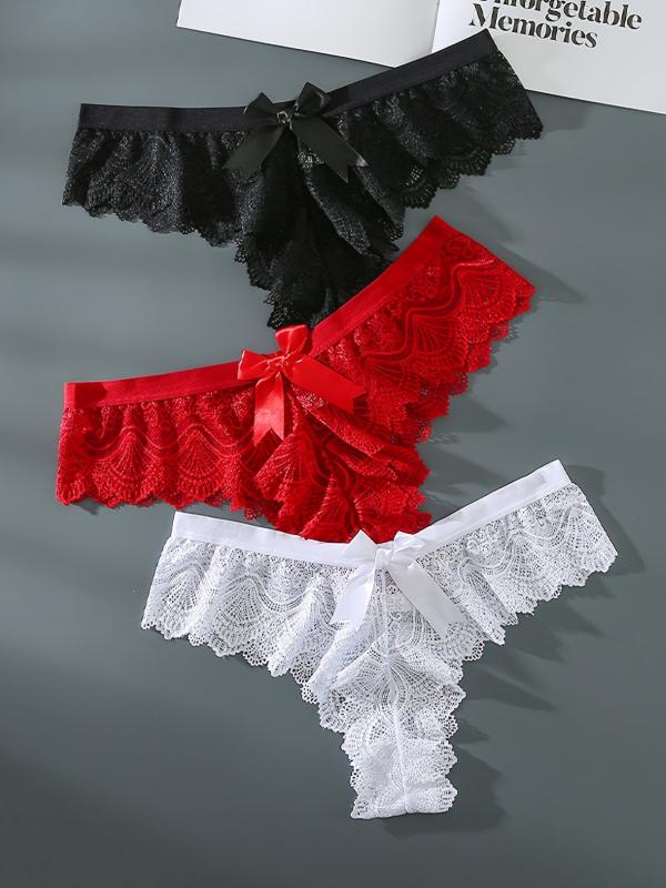 3 Pack Lace Bow Panties Assorted Colors Bikini Briefs Women's Underwear