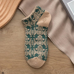5 Pairs Vintage Low Cut Ankle Socks Japanese Style Flower Geometric 3D Textured