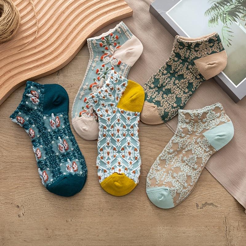 5 Pairs Vintage Low Cut Ankle Socks Japanese Style Flower Geometric 3D Textured