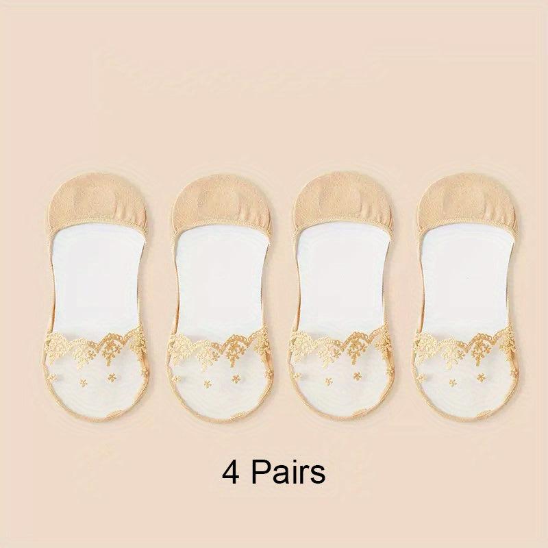 4 Pairs Women Invisible Lace Boat Socks Cotton Shallow Mouth Stockings