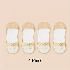 4 Pairs Women Invisible Lace Boat Socks Cotton Shallow Mouth Stockings