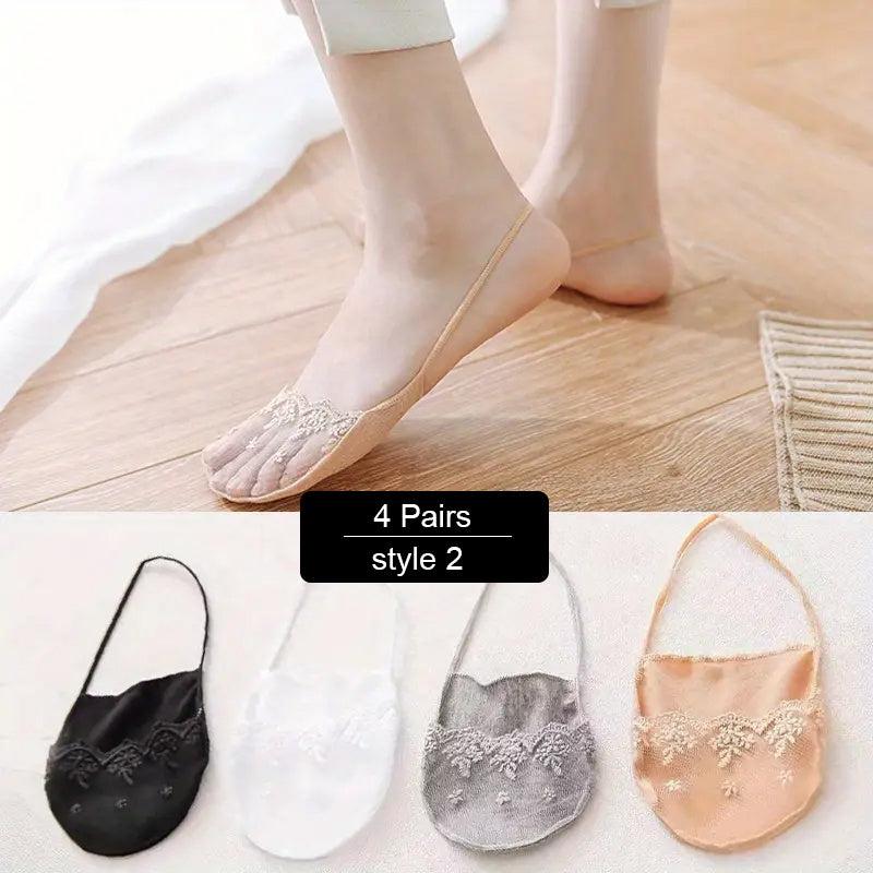 4 Pairs Women Invisible Lace Boat Socks Cotton Shallow Mouth Stockings