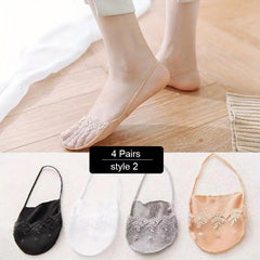 4 Pairs Women Invisible Lace Boat Socks Cotton Shallow Mouth Stockings