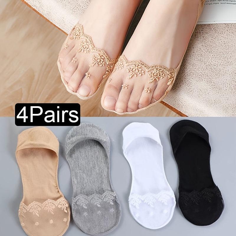 4 Pairs Women Invisible Lace Boat Socks Cotton Shallow Mouth Stockings