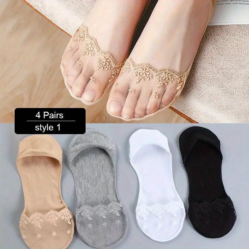 4 Pairs Women Invisible Lace Boat Socks Cotton Shallow Mouth Stockings