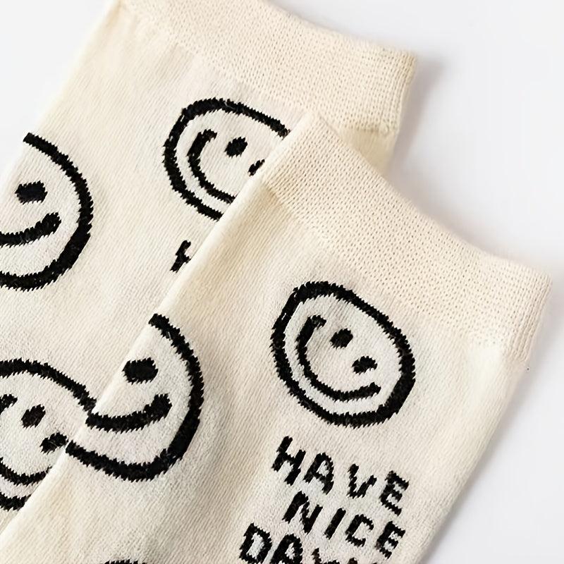 5 Pairs Happy Face Crew Socks Cartoon Cat Mid Tube Socks Women Stockings