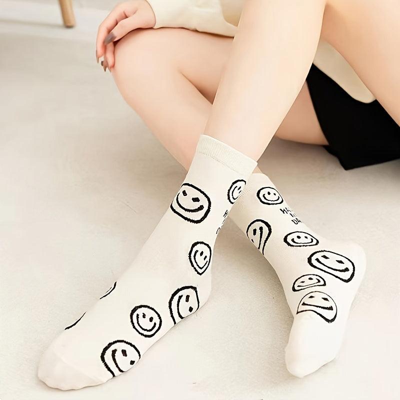 5 Pairs Happy Face Crew Socks Cartoon Cat Mid Tube Socks Women Stockings