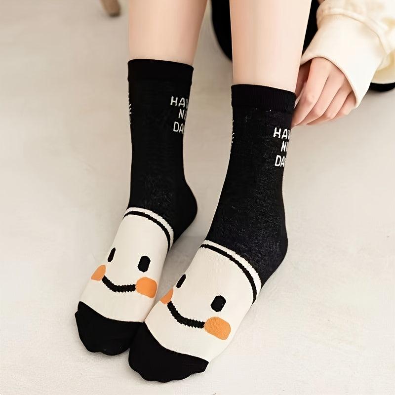 5 Pairs Happy Face Crew Socks Cartoon Cat Mid Tube Socks Women Stockings