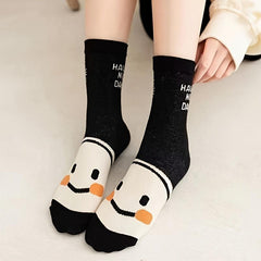 5 Pairs Happy Face Crew Socks Cartoon Cat Mid Tube Socks Women Stockings