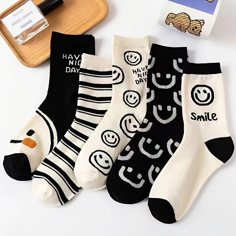 5 Pairs Happy Face Crew Socks Cartoon Cat Mid Tube Socks Women Stockings