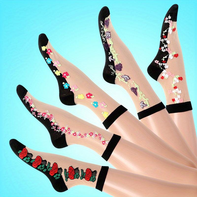 5 Pairs Mesh Floral Print Mid Tube Socks for Women