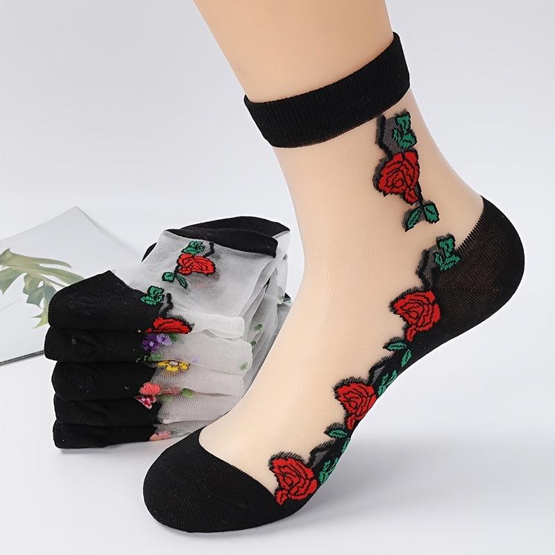 5 Pairs Mesh Floral Print Mid Tube Socks for Women