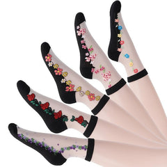5 Pairs Mesh Floral Print Mid Tube Socks for Women
