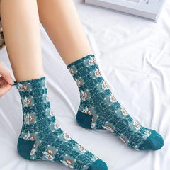 5 Pairs Vintage Court Style Socks Retro Floral Print Mid Tube Socks Women's