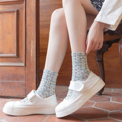 5 Pairs Vintage Court Style Socks Retro Floral Print Mid Tube Socks Women's
