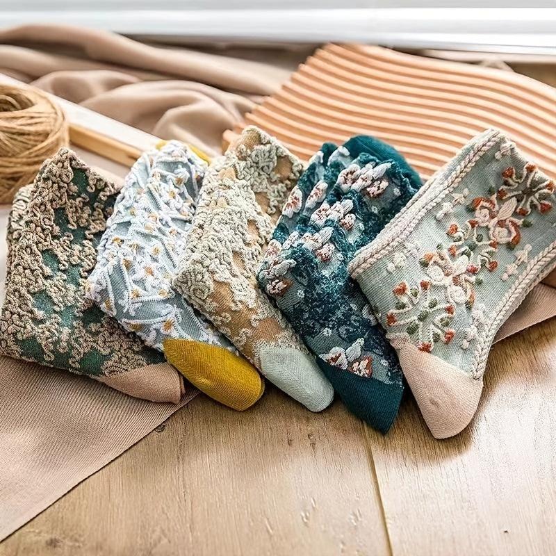 5 Pairs Vintage Court Style Socks Retro Floral Print Mid Tube Socks Women's