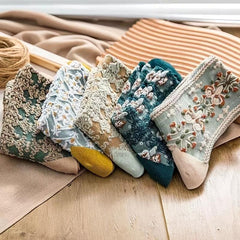 5 Pairs Vintage Court Style Socks Retro Floral Print Mid Tube Socks Women's