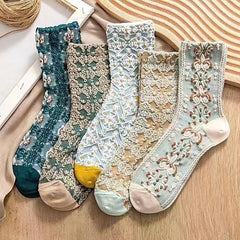 5 Pairs Vintage Court Style Socks Retro Floral Print Mid Tube Socks Women's