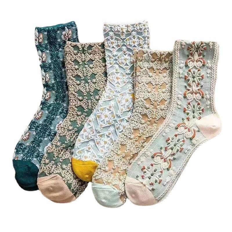 5 Pairs Vintage Court Style Socks Retro Floral Print Mid Tube Socks Women's