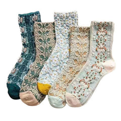5 Pairs Vintage Court Style Socks Retro Floral Print Mid Tube Socks Women's