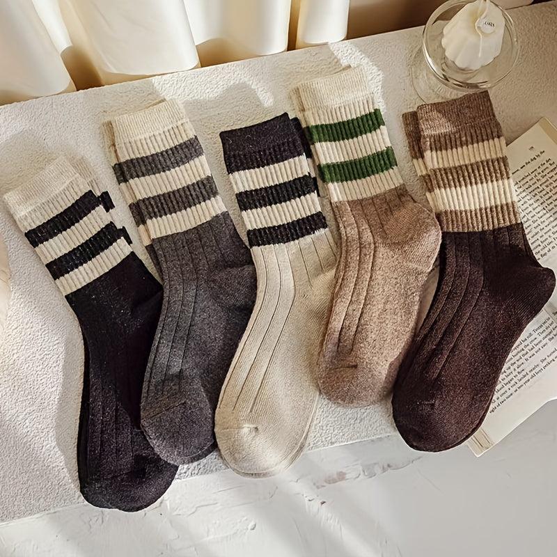 5 Pairs Women's Crew Socks Striped Collage Style Pack