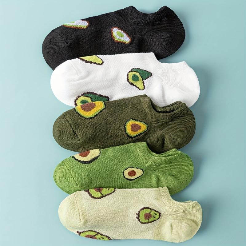 5 Pairs Avocado Print Crew Socks Low Cut Ankle Women's Stockings