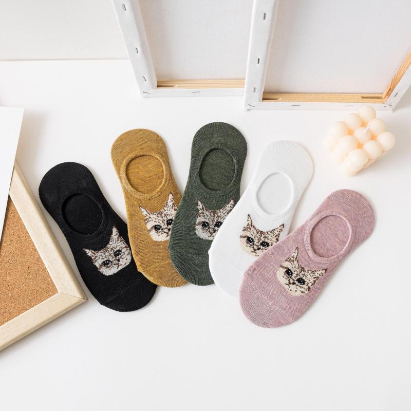 5 Pairs Cat Pattern Socks Low Cut Ankle Stockings