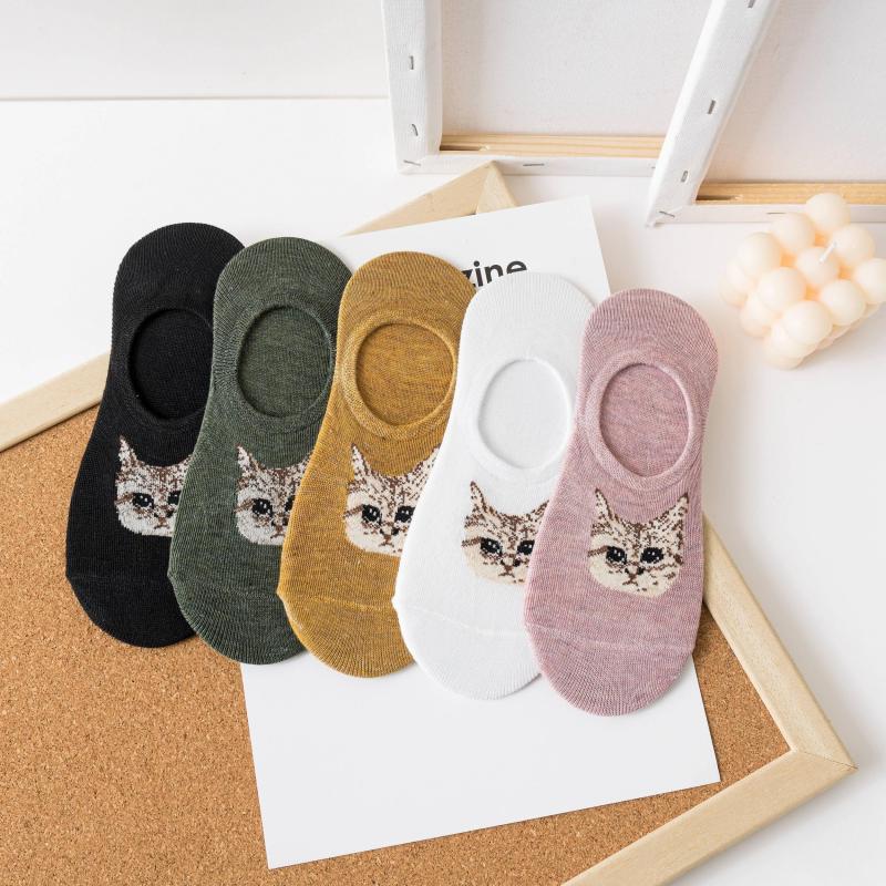 5 Pairs Cat Pattern Socks Low Cut Ankle Stockings
