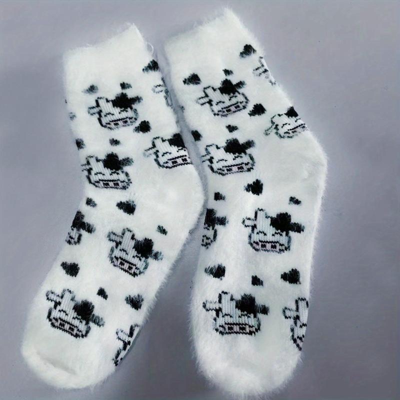 Cow Spots Print Socks Thickened Warm Coral Fleece Stockings